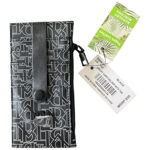 Badgley Mischka Vegan Leather credit card holder w/ tab & zip black white NWT